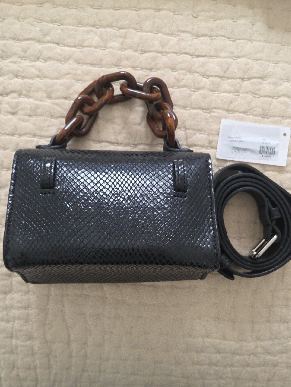 Ganni Black Leather Croc Embossed Belly Belt Bag with Tortoiseshell Handle. NWT. - Picture 4 of 9